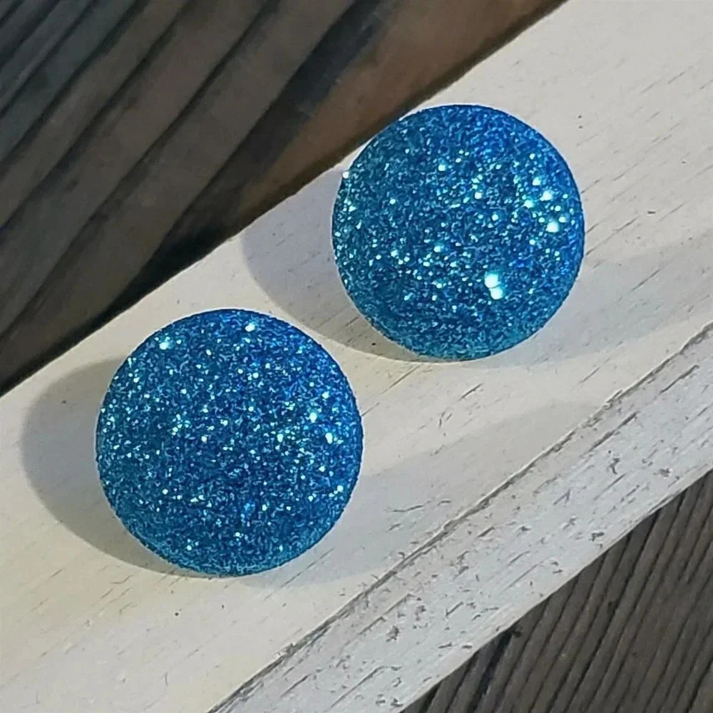 Retro 80s Club Glam Disco Sparkly Turquoise Blue Fabric Button Earrings - Picture 2 of 10